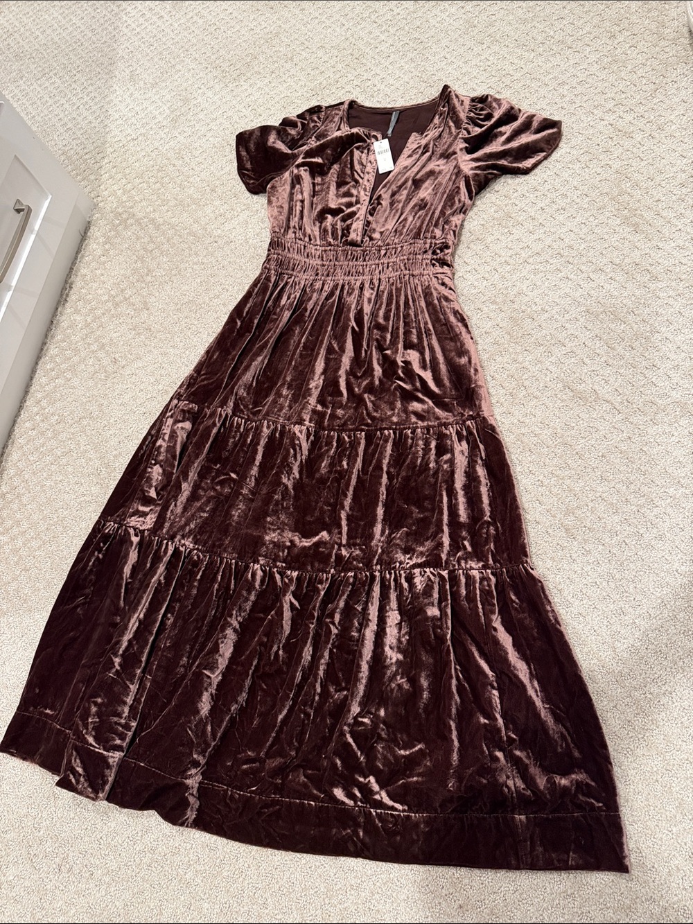 Anthropologie Velvet Tiered Maxi Dress in Deep Brown